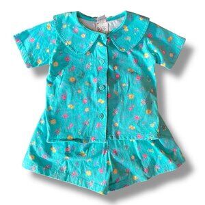 Vintage 90s McKids Girls Outfit Sz 2T Blue Floral Collar Shirt Shorts 2 Pc Set